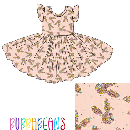 Bunny Flowers Flutter Sleeve Dress